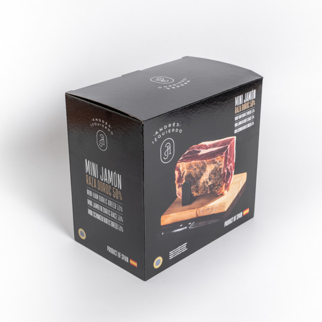 Mini jamón 50% DUROC + tabla jamonera + cuchillo
